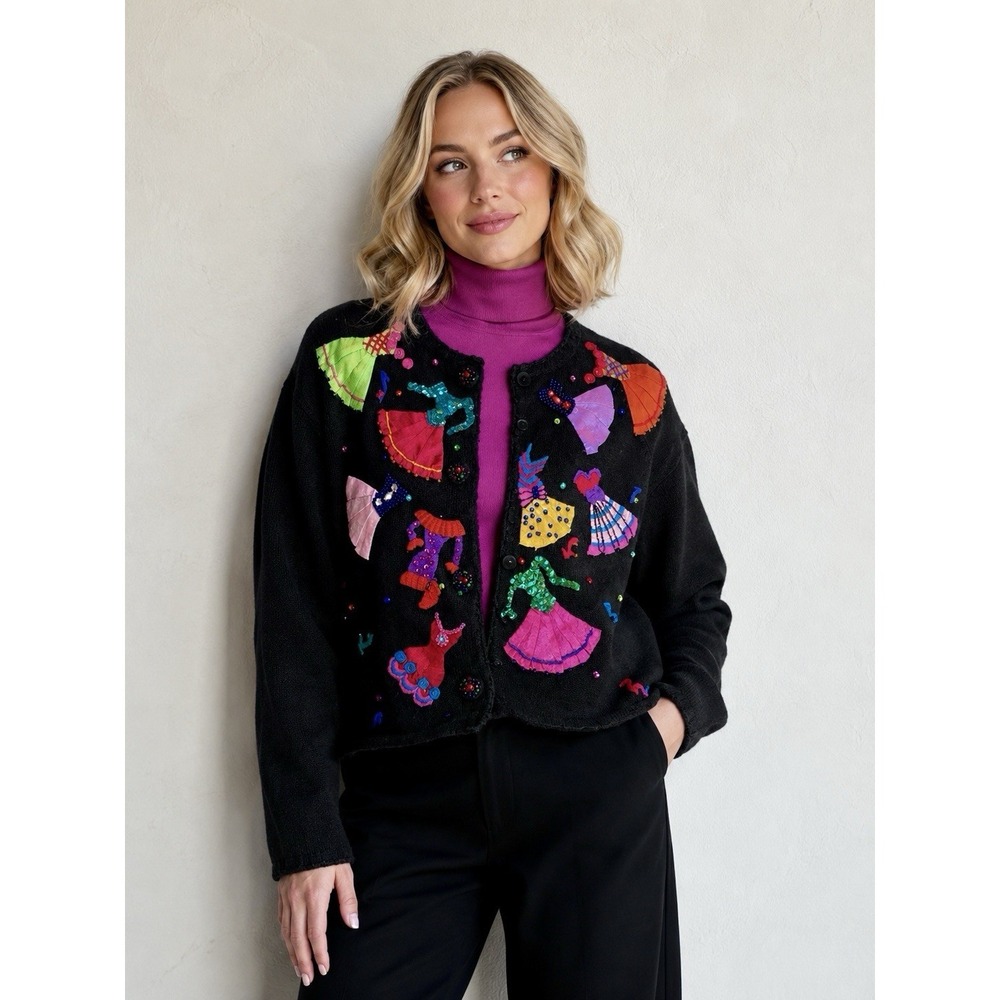Michael Simon Simon Sez Womens Vintage Applique Cardigan Sweater Artsy L